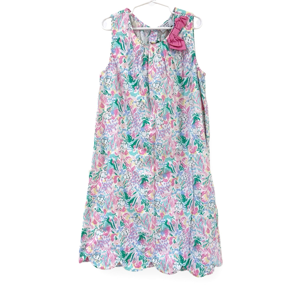 Crown & Ivy Girls Sleeveless Shift Dress Size 14 Floral Bunny Print Bow Easter